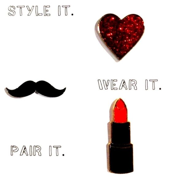 Stylish Enamel Pin Set 3 - Heart, Mustache, Lipstick - Women's Fashion Accessory - Picture 1 of 9